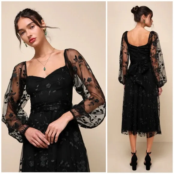 Lulu's Darling Charisma Black Mesh Embroidered Midi Dress - Picture 2 of 15